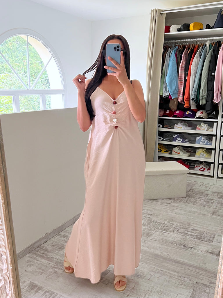 Robe Sans Manches Détail Pierres Beige