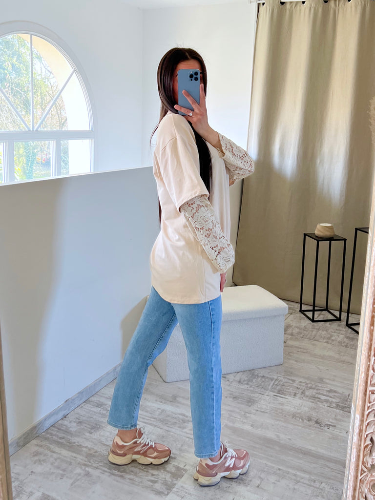 T shirt Manches Dentelles Beige