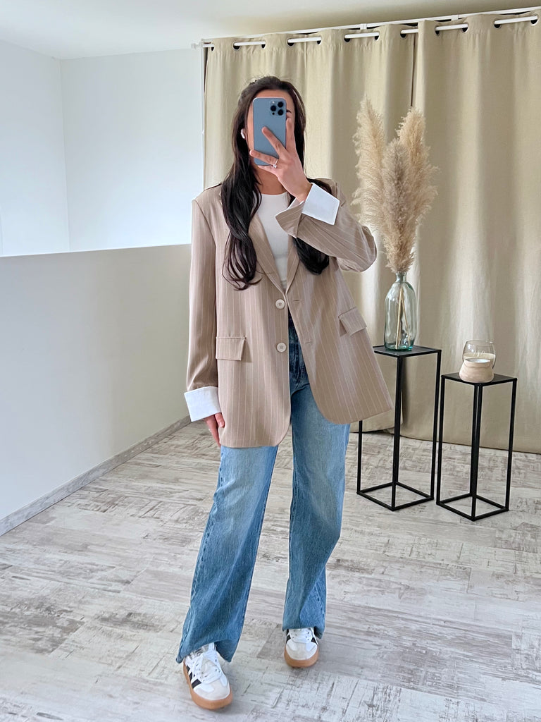Blazer Manches Revers À Rayures Taupe
