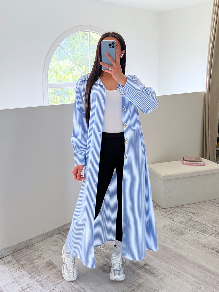 Chemise Longue À Rayures Et Strass Bleu