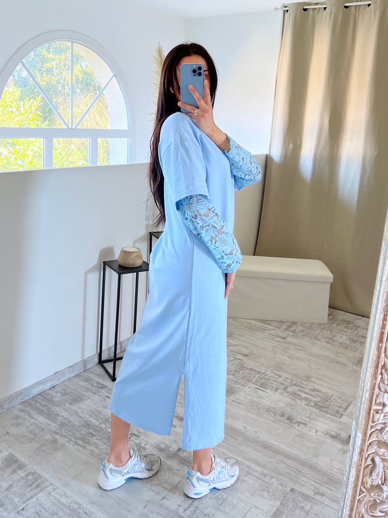 Robe Manches Dentelles Bleu Ciel