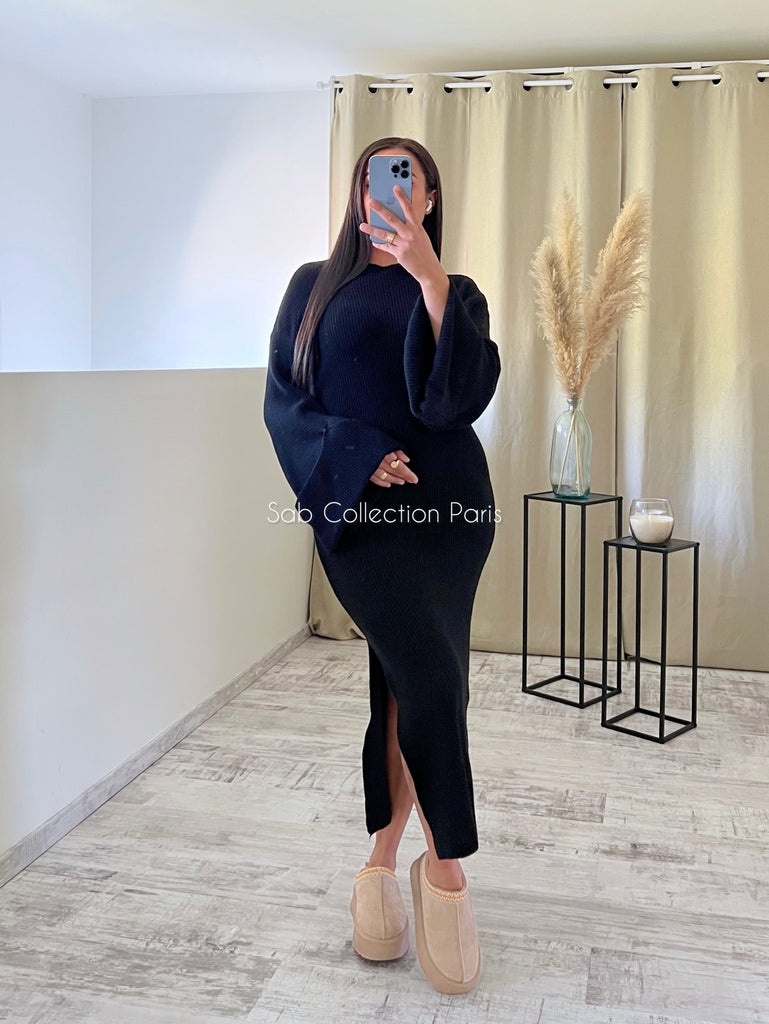 Robe Maille Manches Retroussées Noir