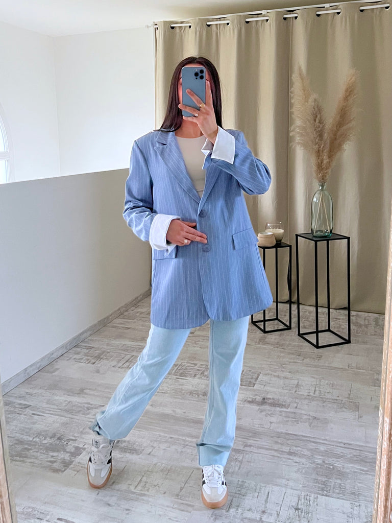 Blazer Manches Revers Rayures Bleu