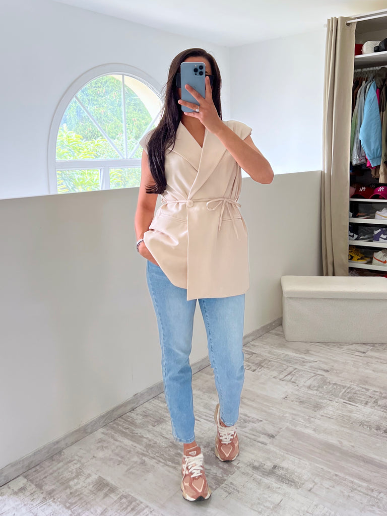 Blazer Sans Manches À Nouer Beige