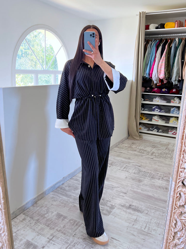 Ensemble Tunique Manches Revers Rayé Noir