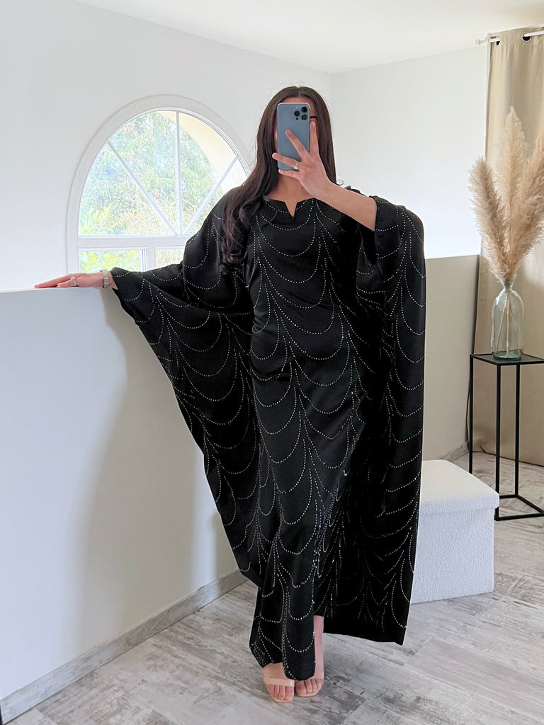 Robe Satin Strass Manches Papillon Noir