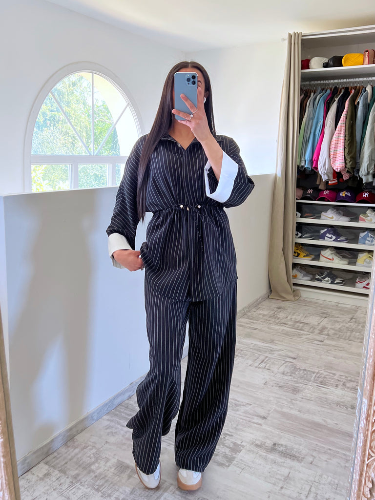 Ensemble Tunique Manches Revers Rayé Noir