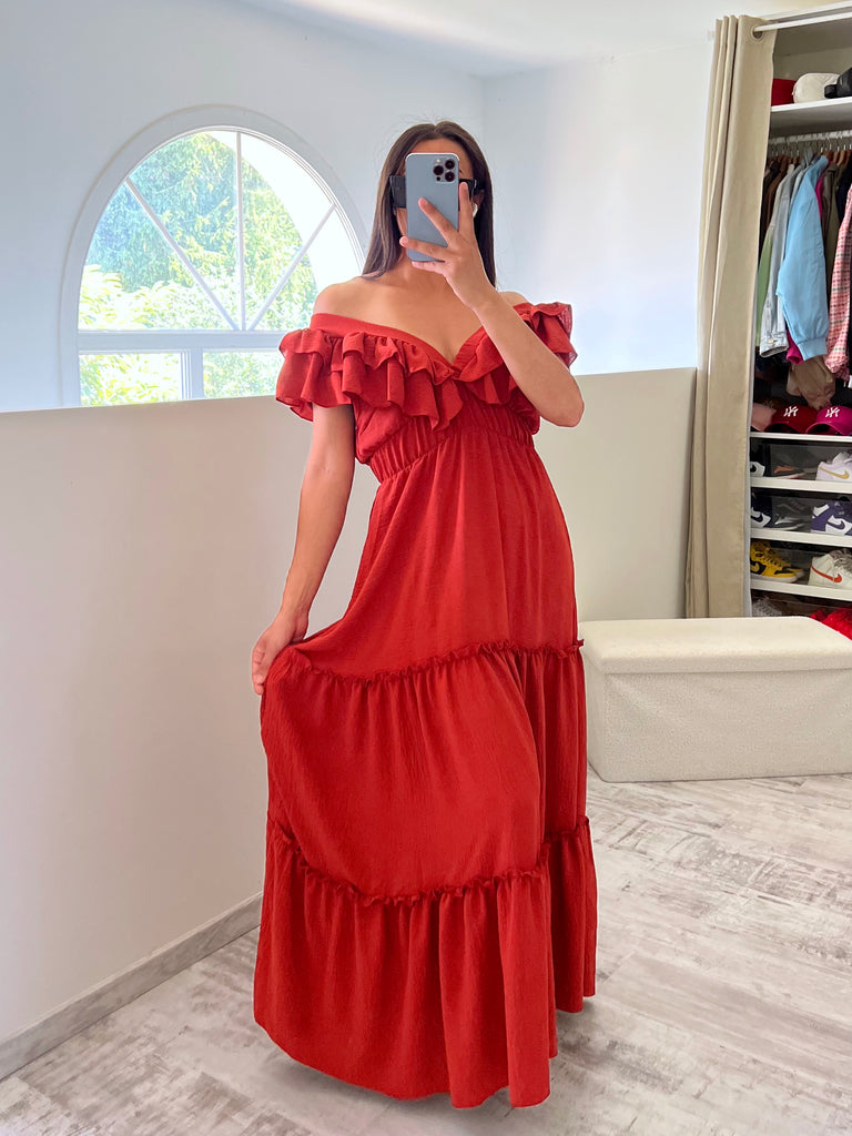 Robe Col Et Effets Volants Brique