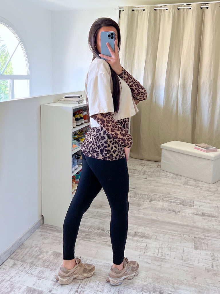 T shirt Bi Matière Léopard Beige