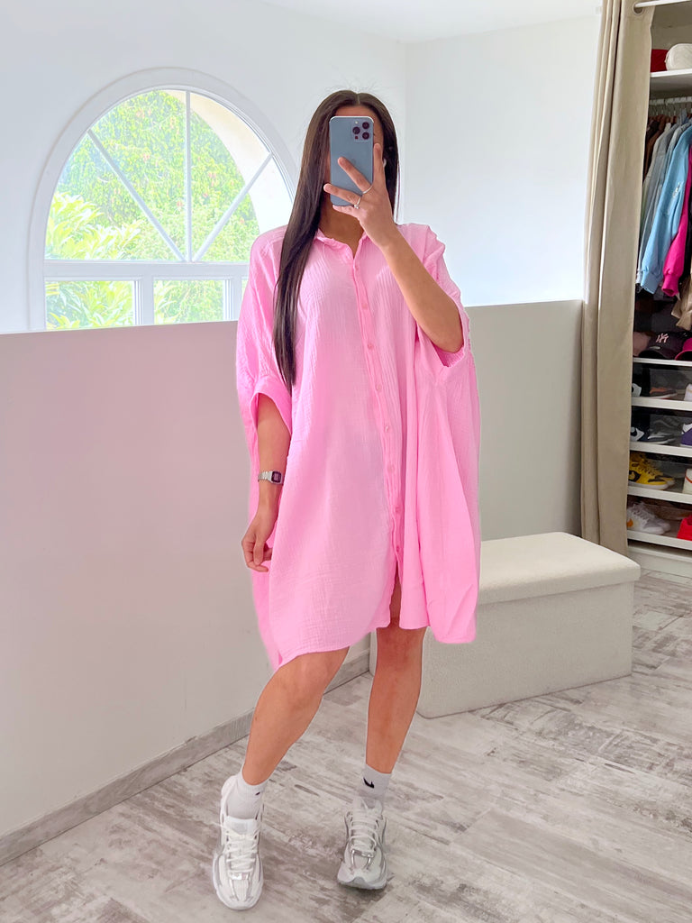 Robe Chemise Asymétrique Gaz De Coton Rose