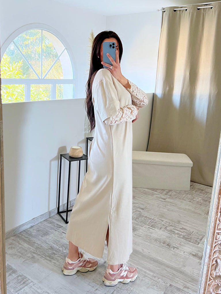 Robe Manches Dentelles Beige