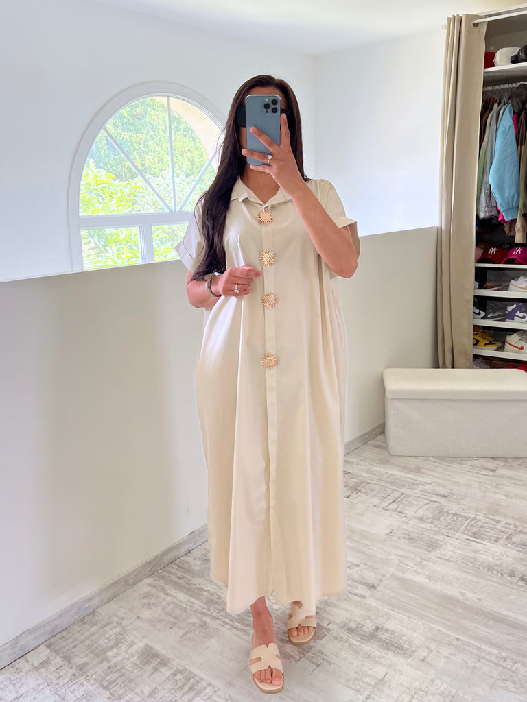 Robe Chemise Popeline Broche Soleil Beige