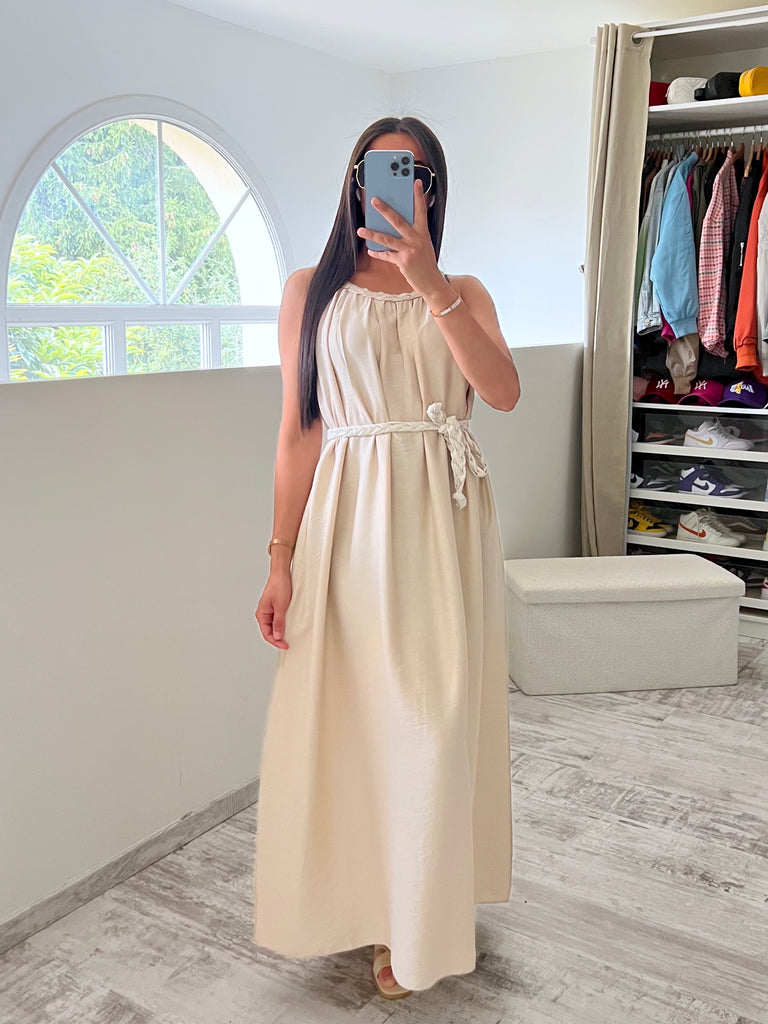 Robe À Col Et Ceinture Tresse Beige