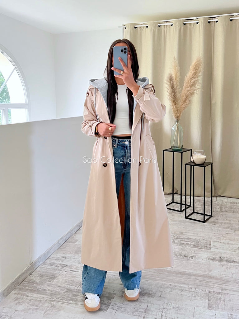 Trench Long À Capuche Beige